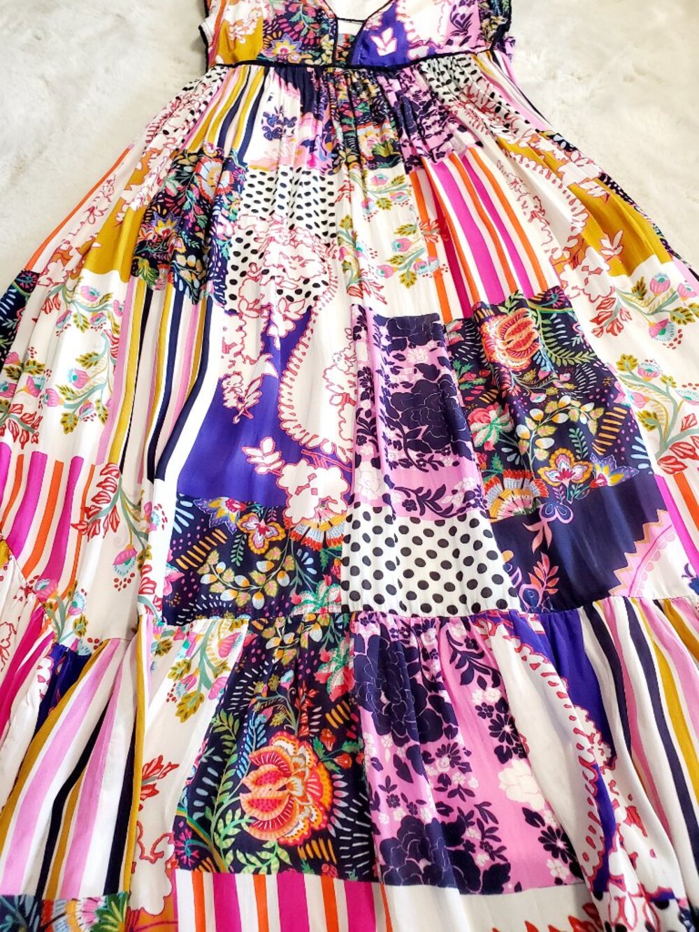 Anthropologie Patchwork Midi Dress Size 8 Boho Floral Stripe V Neck Tiered Color - Picture 7 of 14